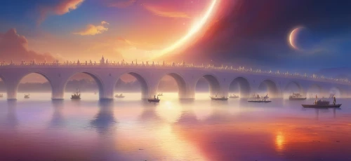 fantasy landscape,dragon bridge,rainbow bridge,arch bridge,futuristic landscape,fantasy picture,angel bridge,lunar landscape,golden bridge,danube bridge,space art,crescent moon,tied-arch bridge,bridge arch,bridge new europe,bridge,love bridge,world digital painting,stargate,scenic bridge,Illustration,Realistic Fantasy,Realistic Fantasy 01