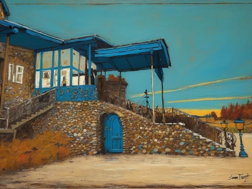 fisherman's house,fisherman's hut,palace of knossos,orlovsky,toll house,khokhloma painting,house in mountains,cottage,lev lagorio,gas-station,home landscape,busstop,summer cottage,village scene,blue door,boathouse,ukraine uah,house in the mountains,bus stop,blue painting,Art,Artistic Painting,Artistic Painting 49