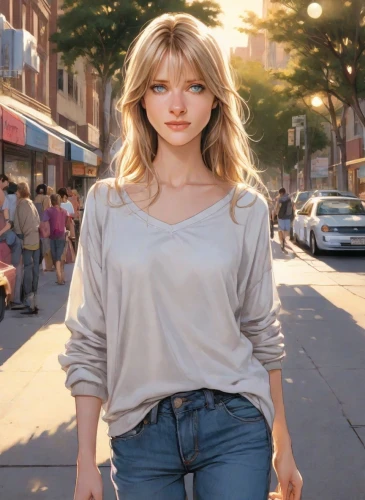 girl walking away,on the street,blonde woman,pedestrian,woman walking,a pedestrian,world digital painting,digital painting,blonde girl,digital compositing,shopping icon,fashion vector,walking,girl in a long,girl in t-shirt,farrah fawcett,sidewalk,shopping street,cg artwork,pedestrians,Digital Art,Comic