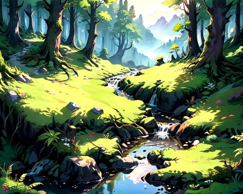 mountain spring,streams,mountain stream,forest glade,the brook,elven forest,forest,creek,brook landscape,forests,flowing creek,druid grove,swampy landscape,forest landscape,fairy forest,the forest,forest background,forest path,a small waterfall,forest floor,Anime,Anime,Traditional