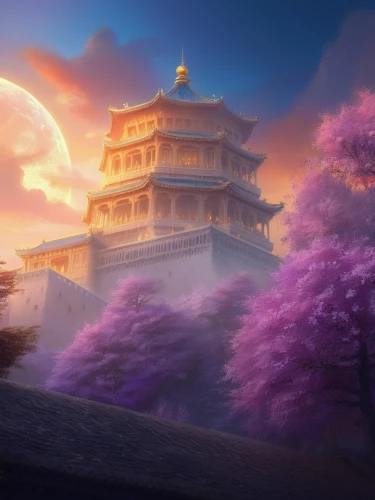 sakura background,japanese sakura background,hall of supreme harmony,forbidden palace,fantasy landscape,the golden pavilion,purple landscape,golden pavilion,fantasy picture,asian architecture,japanese background,japan landscape,dusk background,beautiful japan,landscape background,temple fade,chinese temple,buddhist temple,mid-autumn festival,chinese background,Illustration,Realistic Fantasy,Realistic Fantasy 01