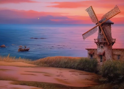 the windmills,windmill,windmills,wind mill,old windmill,fantasy landscape,wind mills,historic windmill,cartoon video game background,landscape background,fantasy picture,seaside country,dutch windmill,fisherman's house,old wooden boat at sunrise,coastal landscape,don quixote,colored pencil background,world digital painting,windmill gard,Illustration,Paper based,Paper Based 04