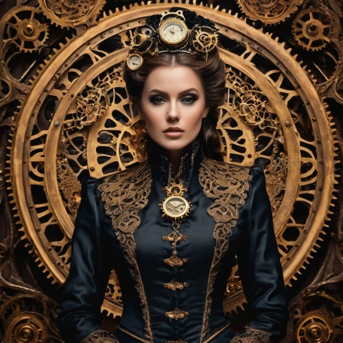 gothic portrait,steampunk,steampunk gears,victorian lady,victorian style,clockmaker,ornate,celtic queen,clockwork,gothic fashion,victorian fashion,imperial coat,the victorian era,queen anne,ornate pocket watch,baroque,tudor,mary-gold,artemisia,wind rose,Photography,General,Fantasy
