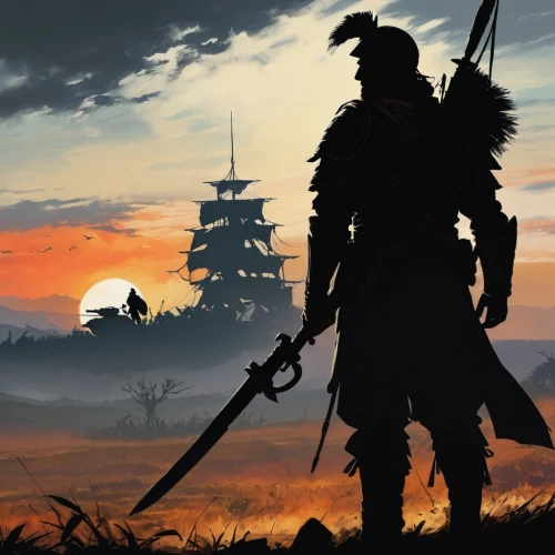 lone warrior,samurai,silhouette art,game illustration,heroic fantasy,samurai fighter,mobile video game vector background,the wanderer,dusk background,man silhouette,warrior east,wind warrior,samurai sword,rising sun,game art,map silhouette,art silhouette,massively multiplayer online role-playing game,swordsman,shinobi,Conceptual Art,Oil color,Oil Color 09