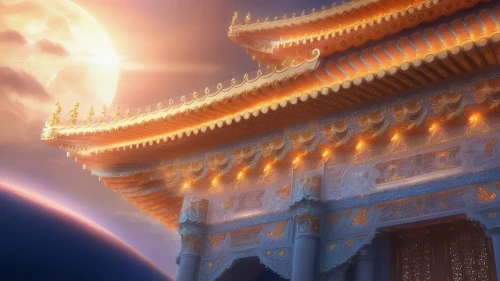 hall of supreme harmony,victory gate,moon cake,planetarium,mid-autumn festival,temple fade,chinese clouds,chinese lanterns,temples,stargate,moon and star background,white temple,asian architecture,forbidden palace,lunar eclipse,chinese temple,backgrounds,rising sun,ancient city,theatrical scenery,Illustration,Realistic Fantasy,Realistic Fantasy 01