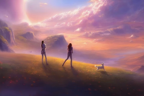 fantasy picture,travelers,fantasy landscape,journey,dream world,love in the mist,the horizon,twilight,encounter,cosmos field,fairies aloft,fairy world,dreamland,evening atmosphere,romantic scene,forest of dreams,sci fiction illustration,landscape background,purple landscape,beauty scene,Illustration,Realistic Fantasy,Realistic Fantasy 01