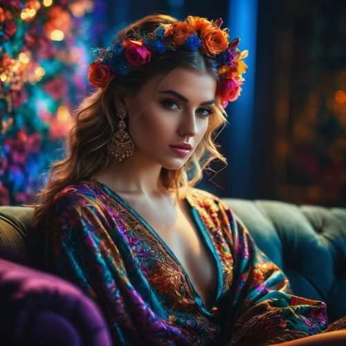 colorful floral,vintage floral,bohemian,beautiful girl with flowers,romantic look,boho,vintage woman,girl in flowers,retro flowers,floral,romantic portrait,boho art,vintage flowers,gypsy soul,retro woman,bylina,russian folk style,daphne flower,girl in a wreath,fairy peacock,Photography,General,Fantasy