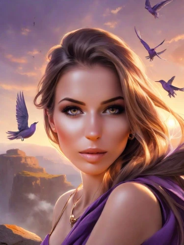 fantasy portrait,fantasy picture,la violetta,fantasy art,fantasy woman,sorceress,heroic fantasy,celtic woman,portrait background,faerie,purple background,world digital painting,zodiac sign libra,libra,vanessa (butterfly),mystical portrait of a girl,athena,the lavender flower,purple landscape,purple lilac,Photography,Realistic