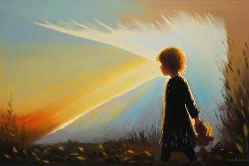 sunburst background,little girl in wind,girl walking away,guiding light,light bearer,sunburst,sunray,sunrays,golden sun,digital painting,world digital painting,sun ray,bright sun,sunbeams,boy and dog,beam of light,rays of the sun,dandelion field,the light,light beam,Conceptual Art,Oil color,Oil Color 06