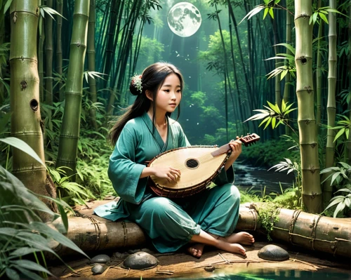 bamboo flute,traditional chinese musical instruments,traditional vietnamese musical instruments,woman playing,chinese art,classical guitar,traditional korean musical instruments,world digital painting,shamisen,woman playing violin,dulcimer,vietnamese woman,oriental painting,viet nam,bamboo,traditional japanese musical instruments,stringed instrument,xing yi quan,erhu,cavaquinho,Unique,Design,Character Design