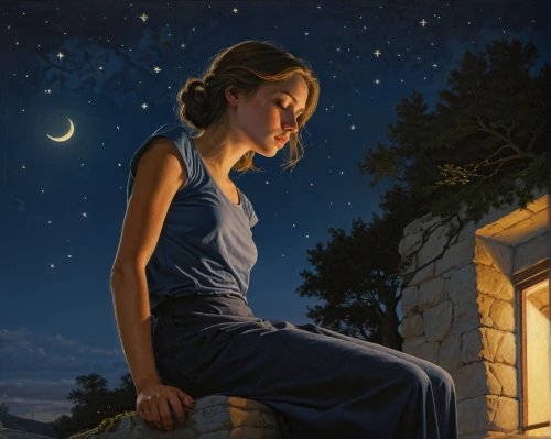 the girl in nightie,sci fiction illustration,astronomer,night scene,fantasy picture,woman thinking,blue jasmine,world digital painting,nightgown,moonlit night,falling star,stargazing,girl in a long,starry night,la violetta,mystical portrait of a girl,oil painting on canvas,night stars,the night of kupala,night image