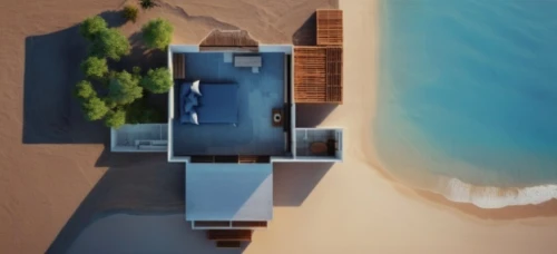 lifeguard tower,dunes house,inverted cottage,sky apartment,modern architecture,santorini,water stairs,observation tower,beach defence,cube stilt houses,penthouse apartment,beach house,island suspended,modern house,cubic house,step pyramid,beach furniture,coastal protection,oia,residential tower