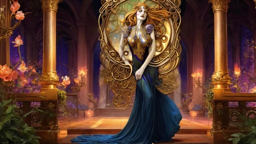 fantasy art,blue enchantress,priestess,sorceress,queen of the night,fantasy picture,harp with flowers,golden candlestick,harpist,harp player,celtic harp,gold foil mermaid,fantasy portrait,fairy queen,lady of the night,the enchantress,golden crown,baroque angel,accolade,fantasy woman