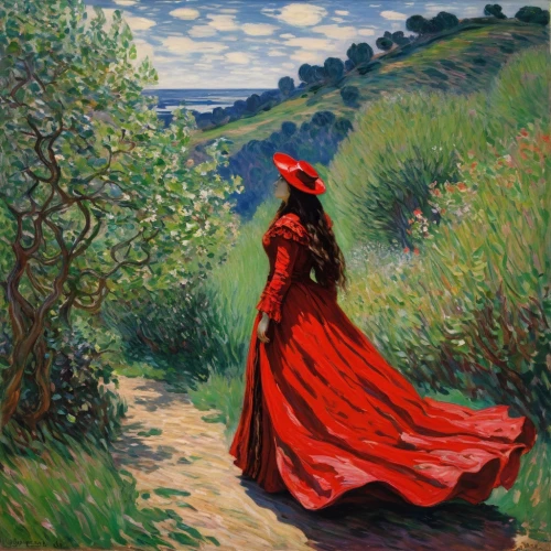 girl in a long dress,man in red dress,woman walking,red gown,girl in the garden,girl in a long dress from the back,red riding hood,girl on the dune,lady in red,woman playing,tuscan,red cape,promenade,la violetta,girl walking away,way of the roses,flamenco,oil painting,rosella,girl with tree,Art,Artistic Painting,Artistic Painting 04