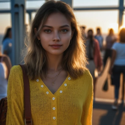 girl in t-shirt,girl portrait,girl in a long,on the pier,golden light,the girl at the station,girl walking away,portrait of a girl,bokeh,golden hour,passenger,sunset glow,city ​​portrait,young woman,madeleine,background bokeh,warm colors,pretty young woman,the girl's face,goldenlight,Photography,General,Realistic
