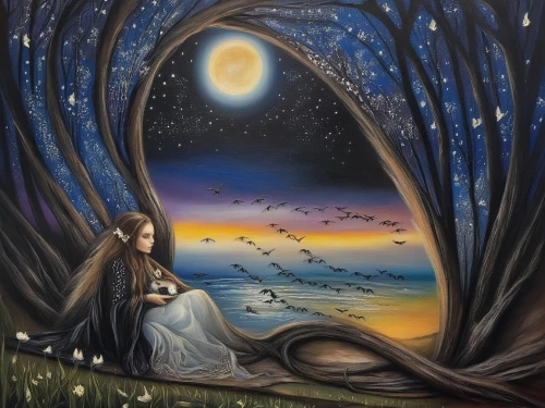 fantasy picture,angel playing the harp,dreams catcher,fantasy art,the night of kupala,moonlit night,flightless bird,celtic harp,faerie,art painting,mystical portrait of a girl,dreamland,night scene,romantic scene,forest of dreams,constellation swan,oil painting on canvas,moon and star background,fairy tale,faery,Illustration,Abstract Fantasy,Abstract Fantasy 14