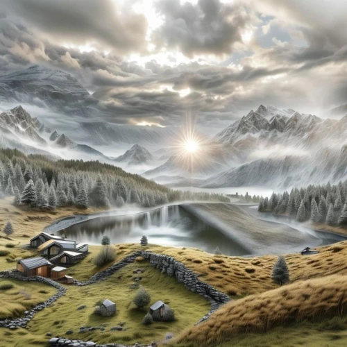 fantasy landscape,world digital painting,fantasy picture,landscape background,salt meadow landscape,mountain scene,fantasy art,mountain tundra,mountain landscape,northrend,mountainous landscape,mountain world,thermokarst,high landscape,skyrim,the landscape of the mountains,panoramic landscape,virtual landscape,alpine region,heroic fantasy