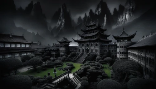 ghost castle,forbidden palace,hall of supreme harmony,chinese architecture,dark park,white temple,asian architecture,ancient city,haunted castle,chinese temple,dragon palace hotel,fantasy picture,world digital painting,fantasy city,mortuary temple,haunted cathedral,castle of the corvin,monastery,hanging temple,3d fantasy,Illustration,Realistic Fantasy,Realistic Fantasy 46