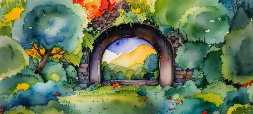watercolor background,fairy village,fairy house,wishing well,hobbiton,fairy door,watercolour frame,watercolor frame,mushroom landscape,fairy chimney,charcoal kiln,tunnel,archway,el arco,grotto,cartoon video game background,watercolor,fairy tale castle,hobbit,watercolor painting,Illustration,Paper based,Paper Based 03