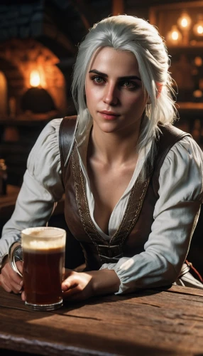 barmaid,male elf,cullen skink,witcher,pub,candlemaker,a pint,female alcoholism,haighlander,bartender,hot buttered rum,tavern,apfelwein,woman drinking coffee,the blonde in the river,wood elf,violet head elf,merchant,flagon,mead,Photography,General,Realistic