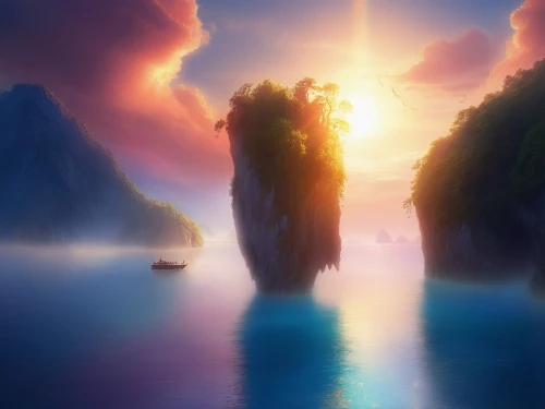 fantasy landscape,an island far away landscape,world digital painting,halong bay,landscape background,full hd wallpaper,islands,fantasy picture,floating islands,monkey island,boat landscape,phang nga bay,cartoon video game background,floating island,island,beauty scene,eventide,the island,flying island,hd wallpaper,Illustration,Realistic Fantasy,Realistic Fantasy 01