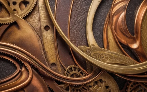 embossed rosewood,abstract gold embossed,steampunk gears,copper utensils,leather texture,copper cookware,mouldings,leather compartments,ornamental wood,gilding,metal embossing,gold foil shapes,gold lacquer,copper tape,handles,art nouveau frames,patterned wood decoration,decorative element,luthier,carved wood,Illustration,Realistic Fantasy,Realistic Fantasy 13