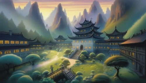 fantasy landscape,cartoon video game background,ancient city,world digital painting,hall of supreme harmony,backgrounds,forbidden palace,landscape background,chinese background,spa town,dusk background,chinese temple,japan landscape,fantasy city,fantasy picture,yunnan,oriental painting,mountain village,korean folk village,chinese architecture,Illustration,Abstract Fantasy,Abstract Fantasy 03