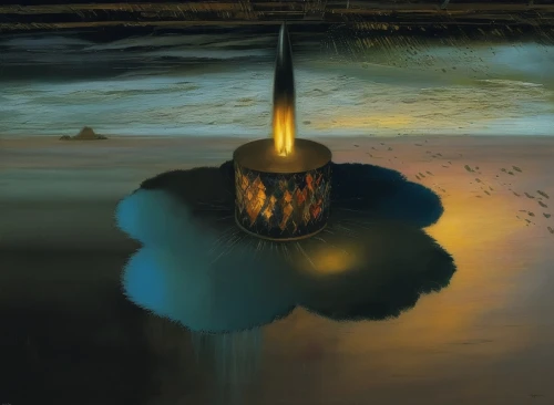 the eternal flame,sand timer,semi-submersible,golden candlestick,cauldron,floating island,oil lamp,diving bell,floor fountain,a sinking statue of liberty,ballistic missile submarine,nuclear reactor,oil in water,water lotus,reflection in water,submersible,lava lamp,artificial island,light cone,sunken boat,Illustration,Realistic Fantasy,Realistic Fantasy 06