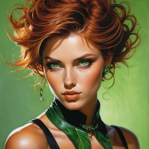 poison ivy,bouffant,young woman,redheads,green,green eyes,girl portrait,emerald,green skin,fantasy portrait,in green,oil painting on canvas,woman face,romantic portrait,fantasy art,red-haired,italian painter,fashion illustration,female beauty,oil painting,Conceptual Art,Fantasy,Fantasy 04