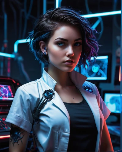 female doctor,cyberpunk,sci fi surgery room,cyborg,symetra,neon human resources,ship doctor,futuristic,operator,female nurse,emt,sci-fi,sci - fi,cybernetics,cyber,sci fi,renegade,biologist,scifi,nora,Illustration,Vector,Vector 14