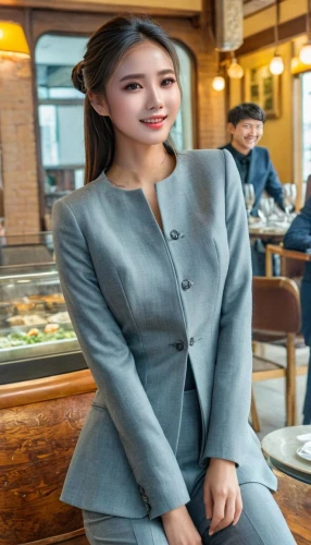 korean royal court cuisine,waitress,korean,business woman,bolero jacket,business girl,hanbok,woman at cafe,businesswoman,flight attendant,korea,woman in menswear,chef's uniform,vietnamese,korean won,asian woman,new york restaurant,seo,korean culture,korean drama,Female,East Asians,Double Bun,Youth adult,M,Happy,Tailored Suit,Indoor,Restaurant