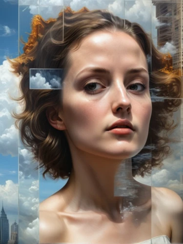 world digital painting,image manipulation,mystical portrait of a girl,portrait background,digital compositing,woman thinking,cloud shape frame,city ​​portrait,cloud image,self hypnosis,surrealistic,photomanipulation,photoshop manipulation,photo manipulation,cumulus,abstract air backdrop,surrealism,oil painting on canvas,droste effect,girl in a long,Art,Classical Oil Painting,Classical Oil Painting 26