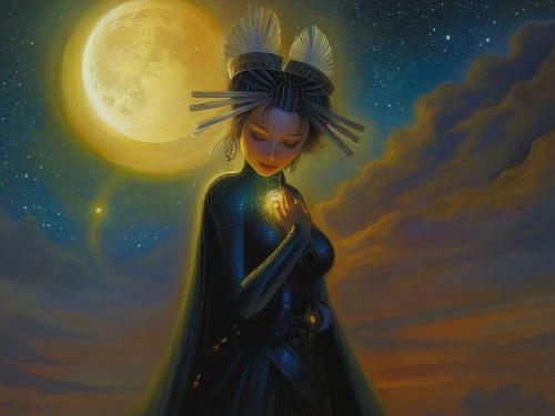 queen of the night,priestess,sorceress,lady of the night,star mother,rem in arabian nights,goddess of justice,sun moon,transistor,fantasy portrait,mystical portrait of a girl,light bearer,moon phase,sci fiction illustration,moonflower,fantasy woman,moonlit,moonlit night,luna,athena,Illustration,Realistic Fantasy,Realistic Fantasy 03