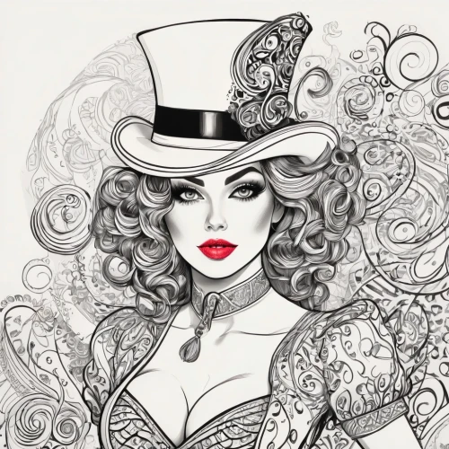 fashion illustration,roaring 20's,ringmaster,showgirl,coloring book for adults,hatter,victorian lady,the carnival of venice,vintage drawing,coloring page,cruella de ville,roaring twenties,the hat-female,queen of hearts,burlesque,vaudeville,top hat,coloring for adults,cabaret,drawing mannequin