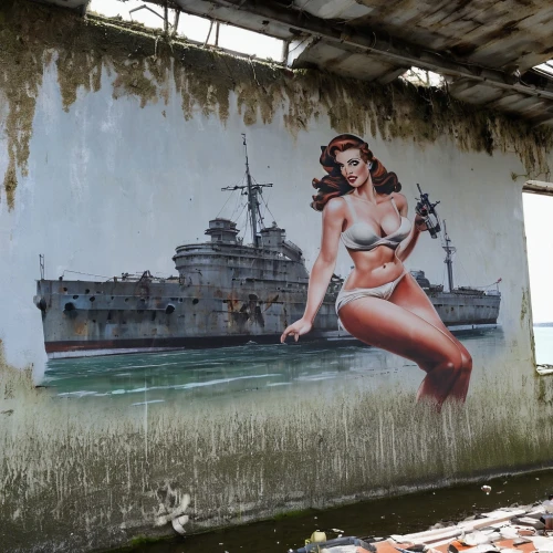 zeebrugge,mural,murals,the sea maid,shipyard,pin-up girls,constanta,pin-up girl,warship,wall painting,pin-up,laboe,rio de janeiro 2016,malopolska breakthrough vistula,painted wall,streetart,girl on the boat,havana,belgrade,pearl harbor