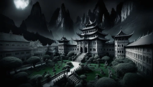 ghost castle,haunted castle,ancient city,castle of the corvin,forbidden palace,world digital painting,fantasy picture,fantasy city,haunted cathedral,devilwood,dark park,black city,dark art,the haunted house,dragon palace hotel,townscape,halloween background,witch's house,night scene,cartoon video game background,Illustration,Realistic Fantasy,Realistic Fantasy 46