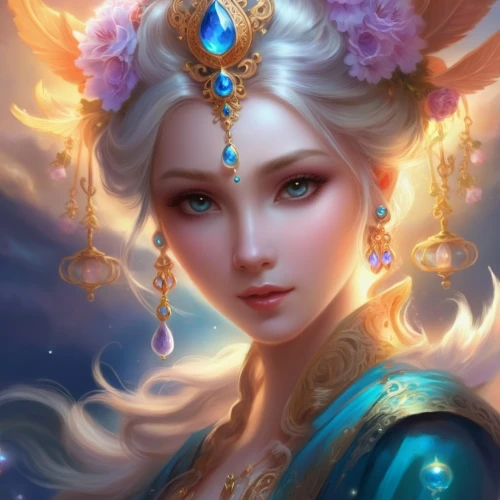 fantasy portrait,oriental princess,fantasy art,lakshmi,elsa,zodiac sign libra,mystical portrait of a girl,fantasy picture,fairy queen,priestess,fantasy woman,the snow queen,blue enchantress,jaya,oriental girl,fantasia,nami,jasmine blossom,golden crown,diadem,Illustration,Realistic Fantasy,Realistic Fantasy 01