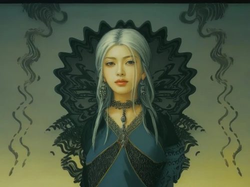 fantasy portrait,priestess,the snow queen,celtic queen,elven,fantasy woman,thrones,queen of the night,heroic fantasy,queen cage,sorceress,ice queen,blue enchantress,fantasy art,dragon li,throne,games of light,fantasy picture,the enchantress,dark elf,Illustration,Japanese style,Japanese Style 18