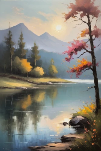 autumn landscape,fall landscape,landscape background,river landscape,autumn mountains,autumn background,autumn scenery,autumn idyll,mountain landscape,nature landscape,painting technique,autumn morning,mountain scene,forest landscape,landscape nature,one autumn afternoon,salt meadow landscape,world digital painting,beautiful landscape,autumn day,Conceptual Art,Fantasy,Fantasy 10