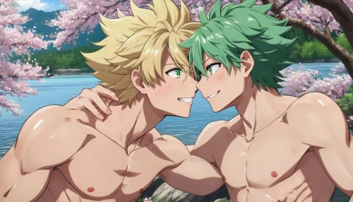 kissing frog,hot spring,my hero academia,green summer,kawaii people swimming,watermelons,protect,reizei,sails a ship,spring background,green water,hands holding,clovers,green skin,lick,creek,romantic scene,making out,adam and eve,gay love,Illustration,Japanese style,Japanese Style 19