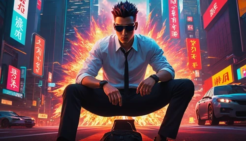 pompadour,cyberpunk,mohawk,hong kong,spike,game illustration,mohawk hairstyle,sci fiction illustration,ceo,book cover,yukio,kowloon,punk,game art,fire background,cg artwork,pedestrian,main character,background images,white-collar worker,Conceptual Art,Daily,Daily 22
