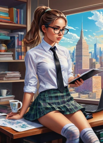 girl studying,librarian,schoolgirl,secretary,school skirt,sci fiction illustration,girl at the computer,bookworm,school uniform,tutor,office worker,teacher,scholar,study,student,reading,secretary desk,study room,academic,bookkeeper,Illustration,Realistic Fantasy,Realistic Fantasy 39