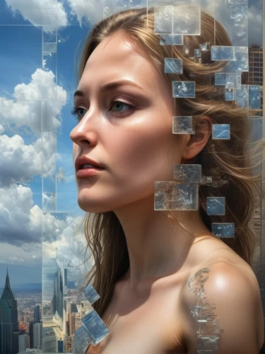 image manipulation,woman thinking,computational thinking,women in technology,digital compositing,world digital painting,city ​​portrait,virtual landscape,virtual identity,photo manipulation,cloud computing,photomanipulation,photoshop manipulation,digital identity,portrait background,icon magnifying,dialogue windows,cloud image,cloud shape frame,computer art,Art,Classical Oil Painting,Classical Oil Painting 18