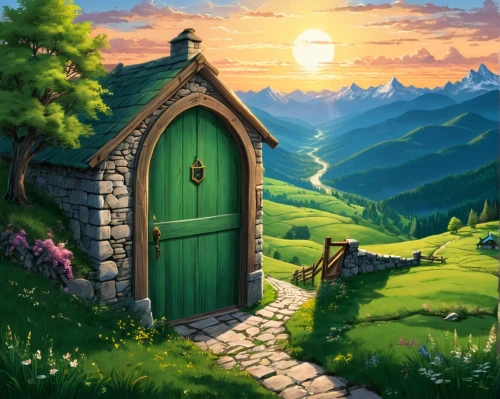 fairy door,wooden door,cartoon video game background,little house,home landscape,hobbiton,small house,the door,home door,outhouse,world digital painting,landscape background,fantasy picture,the threshold of the house,garden door,small cabin,open door,lonely house,wooden hut,fantasy landscape,Unique,Design,Blueprint