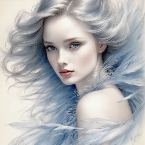 holly blue,silvery blue,white rose snow queen,fantasy portrait,the snow queen,blue rose,ice queen,blue enchantress,blue moon rose,watercolor blue,mystical portrait of a girl,faery,blue heart,white lady,winterblueher,bluejay,blue bird,white swan,silver blue,mazarine blue,Illustration,Black and White,Black and White 08