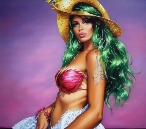 watermelon painting,polynesian girl,green mermaid scale,the sea maid,italian painter,mai tai,fantasy art,hula,watercolor pin up,bodypainting,body painting,lily of the nile,bodypaint,art painting,brazilianwoman,oil painting on canvas,desert rose,fantasy woman,neon body painting,poison,Illustration,Paper based,Paper Based 09