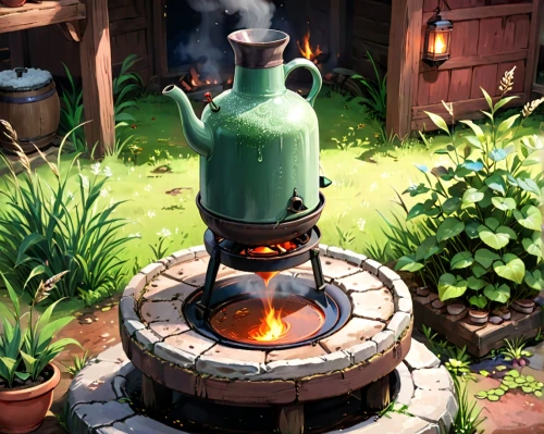 garden pot,cauldron,firepit,outdoor cooking,magical pot,androsace rattling pot,wood-burning stove,cooking pot,fire pit,watering can,wood stove,tin stove,terracotta flower pot,fire bowl,hearth,pizza oven,gas cylinder,garden pipe,fairy chimney,brazier,Anime,Anime,Traditional