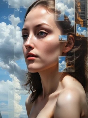 image manipulation,digital compositing,photomanipulation,photo manipulation,virtual landscape,computational thinking,woman thinking,photoshop manipulation,multiple exposure,double exposure,droste effect,cloud shape frame,conceptual photography,sky,photomontage,portrait background,cloud image,parallel worlds,city ​​portrait,mystical portrait of a girl,Art,Classical Oil Painting,Classical Oil Painting 26