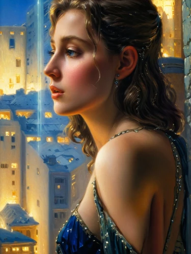 fantasy portrait,cinderella,romantic portrait,city ​​portrait,world digital painting,fantasy art,fantasy picture,mystical portrait of a girl,fantasy woman,blue enchantress,the snow queen,digital painting,blue rose,la violetta,light of night,lady of the night,rem in arabian nights,jasmine blue,night scene,art deco woman,Art,Classical Oil Painting,Classical Oil Painting 42