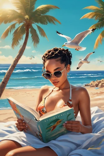 relaxing reading,beach background,sci fiction illustration,world digital painting,summer background,girl studying,reading,dream beach,summer icons,idyllic,read a book,summer feeling,moana,girl on the dune,beach scenery,the beach pearl,book illustration,lecture,bookworm,caribbean beach,Illustration,Retro,Retro 12